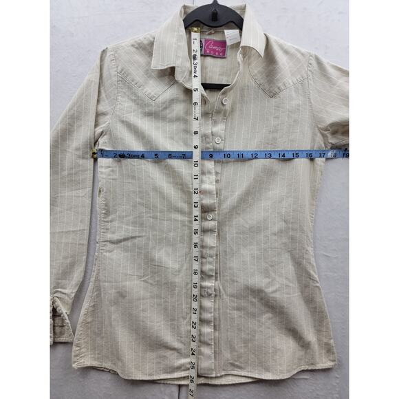 Cameo Rose Tan with white striped long sleeve button down top, size 9/10 - Picture 2 of 12